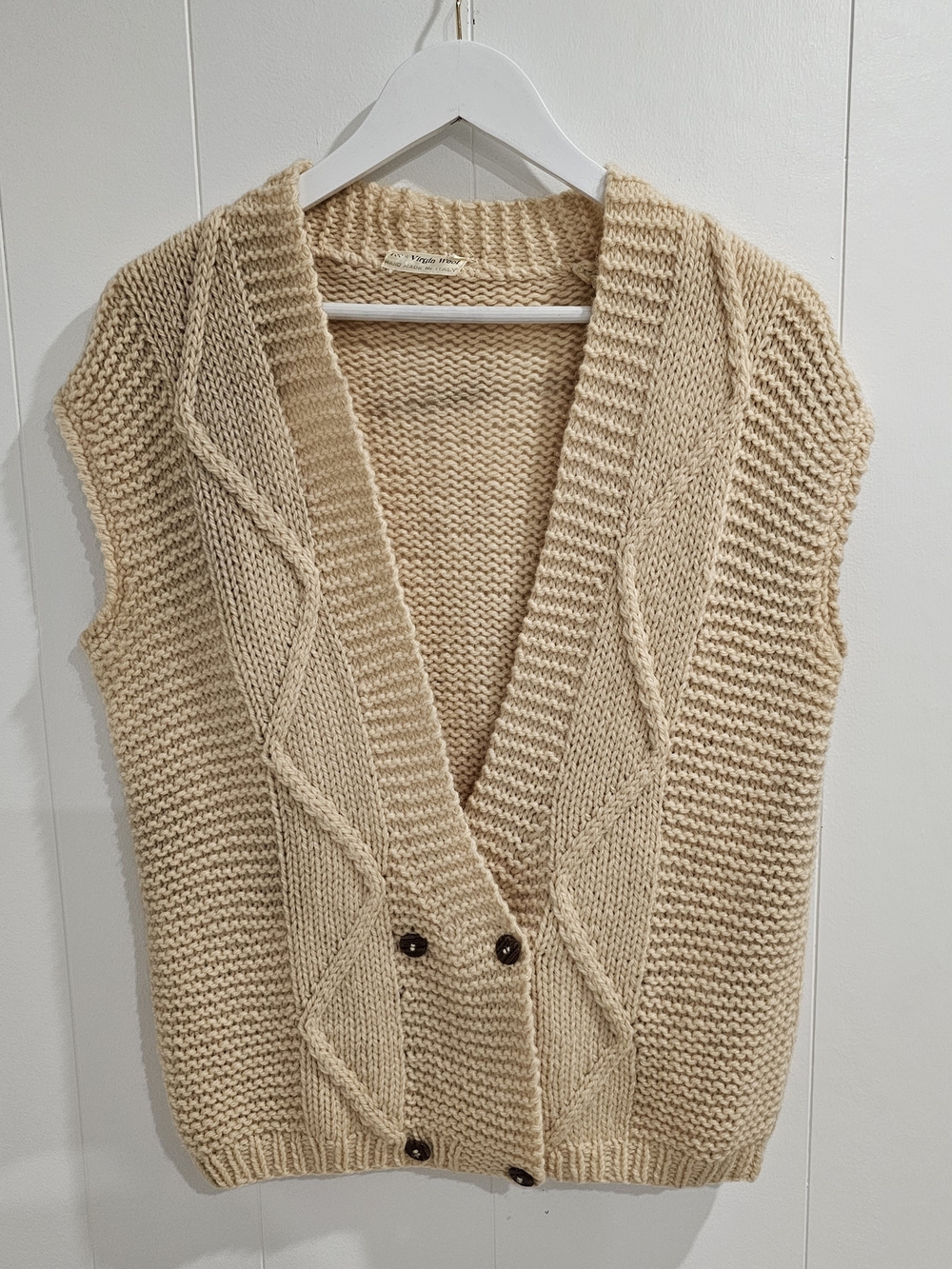 Vintage Italian 100% Virgin Wool Sweater Vest Cable Knit Academia  Unisex L Ital - Picture 2 of 8